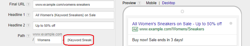Google Ads Path URL - Adding Keywords
